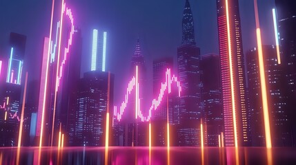 Rising and falling neon financial data, displayed with a clean and crisp modern city skyline glowing in the background