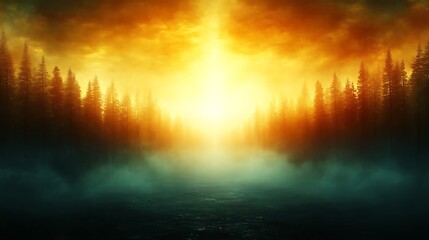 Obraz premium Golden Sunset Over Misty Forest Lake