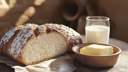 Naklejka premium Rustic wheat bread, a glass of milk, and a butter dish on a wooden table.