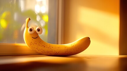 Happy cartoon banana on a window sill in sunlight.