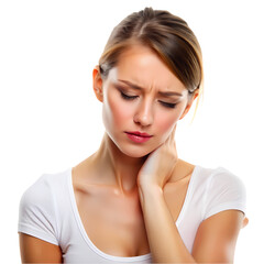 Gorgeous lady experiencing discomfort in her neck isolated on transparent background