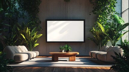 3D-rendered office waiting area featuring a blank digital display, plush sofas, a central table, potted plants, and wooden flooring for a modern touch