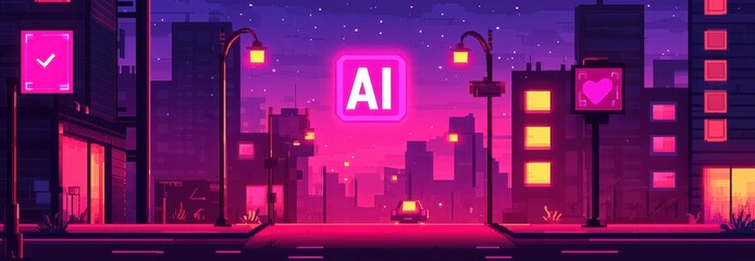 Cyberpunk Cityscape at Night AI Neon Lights and a Car