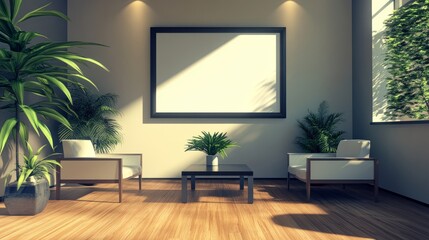 3D-rendered waiting area featuring a blank digital display, comfortable seating, a sleek table, plants, and warm wooden floors in a contemporary office