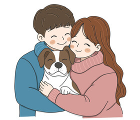 Couple holding a dog with love.A Romantic Gesture for International Hug Day vector illustration on white background	
