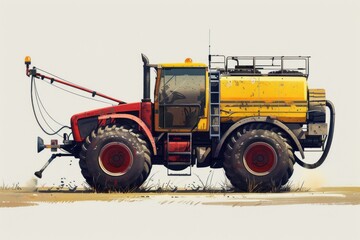 Fototapeta premium Powerful red and yellow farm tractor spraying fertilizer on field