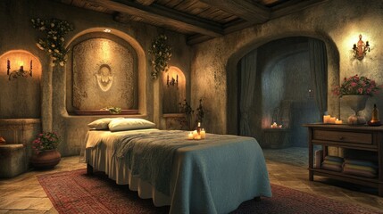 Fototapeta premium Softly lit massage room with a bed draped in fresh linens and aromatherapy accents.