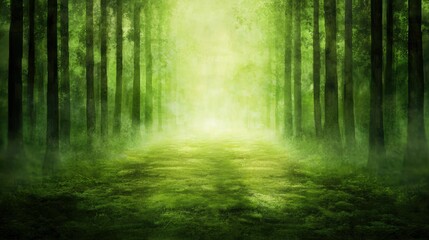 Serene Green Forest Path with Soft Mist and Ethereal Light Effects
