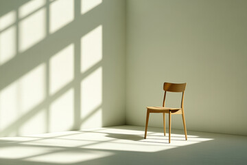 Soft afternoon light casts shadows on a solitary wooden chair in a minimalistic room