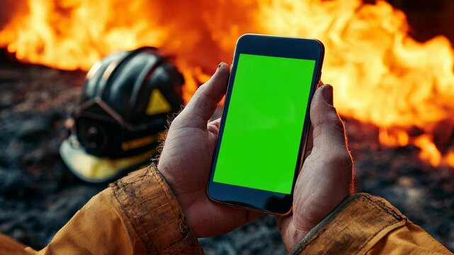 4k video of a firefighter holding a green screen phone.