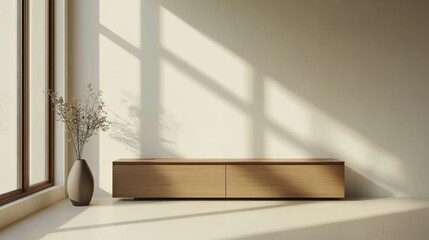 A minimalist brown corner TV stand in a modern home interior, placed in a well-lit room with ample empty copyspace for design and decoration ideas
