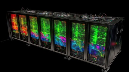 Fototapeta premium Advanced Supercomputer Processing Data with Blinking Lights and Cables in Dark Room, Emphasizing High-Tech and Data Handling Abilities