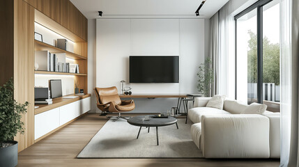Modern living room with minimalist design, light walls, wooden accents, a sectional sofa, a round coffee table, and a large TV on the wall. Concept of comfort. interior photography, minimalist design