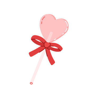 Heart shaped caramel lollipop with red ribbon bow. Holiday candy. Sweet dessert stick. Happy valentine day confection. Symbol of love. Flat vector illustration