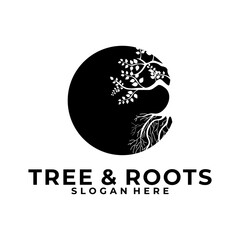 Tree and roots on circle shape logo template. Natural Life logo design vector