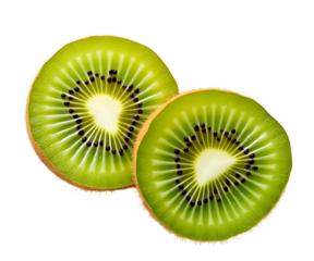 Sliced Kiwi:  A close-up image showcasing two perfectly sliced kiwi fruit, revealing their vibrant green flesh, tiny black seeds, and distinct star-shaped core.