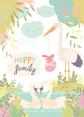 Cartoon swans in love and stork with baby. Vector illustration