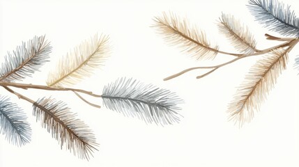 Elegant Watercolor Pine Branches with Soft Colors against White Background