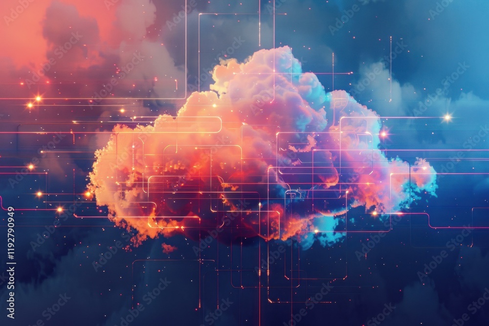 Poster cloud computing technology connecting to data center through glowing lines and dots
