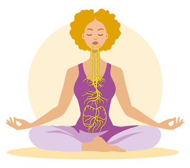 Vagus nerve, parasympathetic, meditation, woman, medically illustration