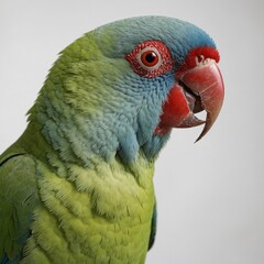A colorful ring-necked parakeet on a white background.


