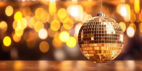 Obraz premium Sparkling Golden Disco Ball Hanging Above a Festive Background with Blurred Lights Perfect for Holiday and Party Celebrations