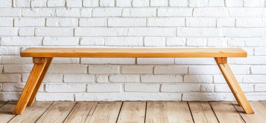 Rustic Wooden Bench Against White Brick Wall Simple Minimalist Design Empty Seat