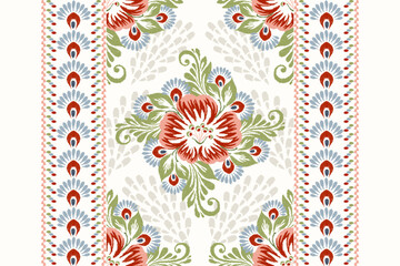Ikat floral pattern on white background vector illustration.Ikat ethnic oriental embroidery traditional.Aztec style,hand drawn,baroque pattern.design for texture,fabric,clothing,decoration,carpet.