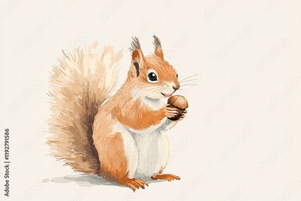 Poster Cute squirrel illustration holding an acorn with fluffy tail and detailed fur in a neutral background setting. Generative AI