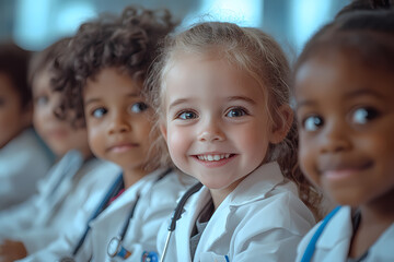 Children in a kindergarten dressed as doctors, engaging in a playful and educational activity to learn about healthcare and caring for others
