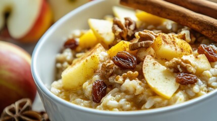 Close-up of rice and apple cinnamon porridge with nuts and raisins in a white bowl, emphasizing sweet and wholesome nature. Ideal for breakfast and cozy meals.