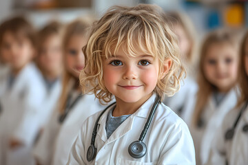 Children in a kindergarten dressed as doctors, engaging in a playful and educational activity to learn about healthcare and caring for others