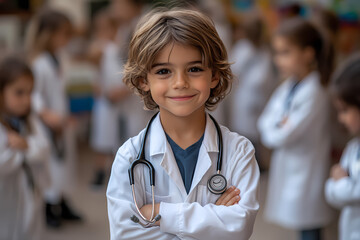 Children in a kindergarten dressed as doctors, engaging in a playful and educational activity to learn about healthcare and caring for others