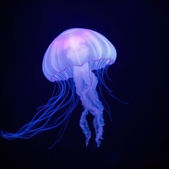 Luminous Blue Jellyfish Floating in Dark Blue Water