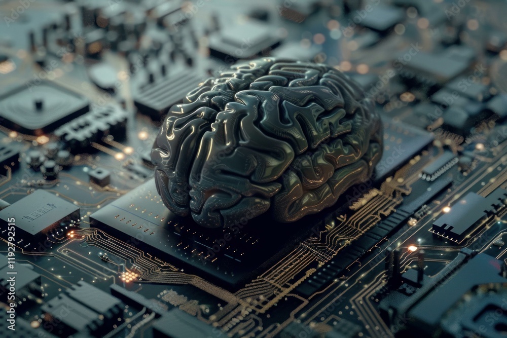 Poster computer motherboard is running artificial intelligence with a 3d rendering of a brain