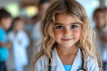 Children in a kindergarten dressed as doctors, engaging in a playful and educational activity to learn about healthcare and caring for others