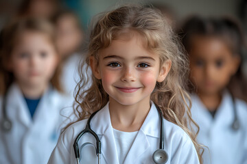 Children in a kindergarten dressed as doctors, engaging in a playful and educational activity to learn about healthcare and caring for others