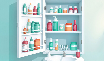 Organized medicine cabinet displaying flu care products, health awareness