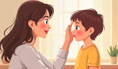 Mother checking child's forehead for fever in cozy home setting, Flu Season Care