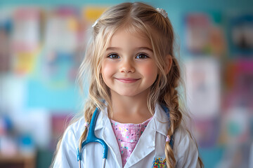 Children in a kindergarten dressed as doctors, engaging in a playful and educational activity to learn about healthcare and caring for others