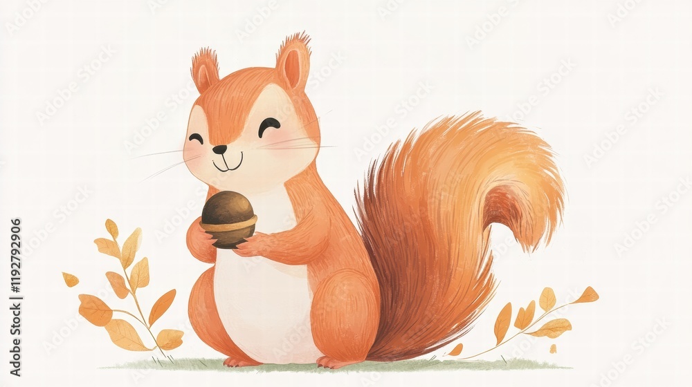 Aufkleber Squirrel holding an acorn in a cheerful autumn setting surrounded by leaves and warm colors. Generative AI