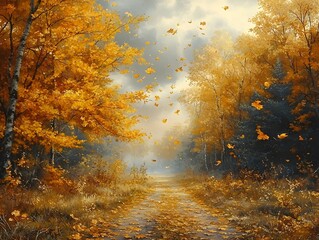 Fototapeta premium Vibrant Autumn Forest Path with Falling Golden Leaves and Misty Sky Ambience