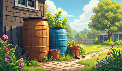 Obraz premium DIY rain barrel setup in community garden, sustainable gardening
