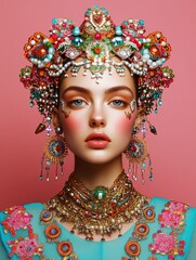 A girl with Slavic features in traditional attire, wearing a vibrant headdress