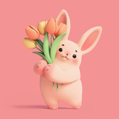Simple funny kawaii soft fluffy cartoon white bunny with eyebrows, ears, cheeks holding bouquet of yellow orange tulips in its paws stands in dancing pose. Hello spring. 3d render on pink background.