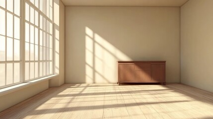 Minimalist living room with a brown corner TV stand, featuring empty space for innovative interior decoration and design ideas