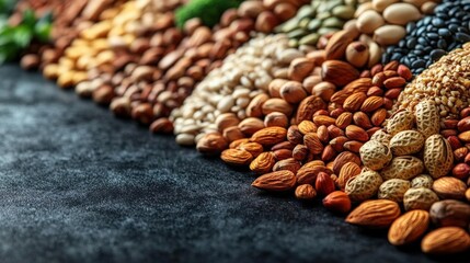 Obraz premium Assortment of Nuts and Seeds on Dark Background A Rich and Diverse Collection of Healthy Foods