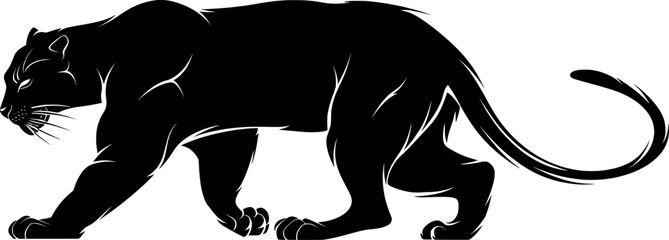 Wild jungle animal panther black and white vector silhouette isolated on white.