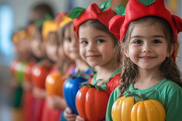 Children in a kindergarten dressed as farmers, pretending to care for imaginary animals. A playful activity teaches nature and responsibility