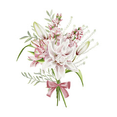  Spring bouquet of different flowers. Pastel delicate color palette. Lilies, bells, mathiolla. pink bow. Mother's Day, March 8th or birthday. Watercolor illustration without background